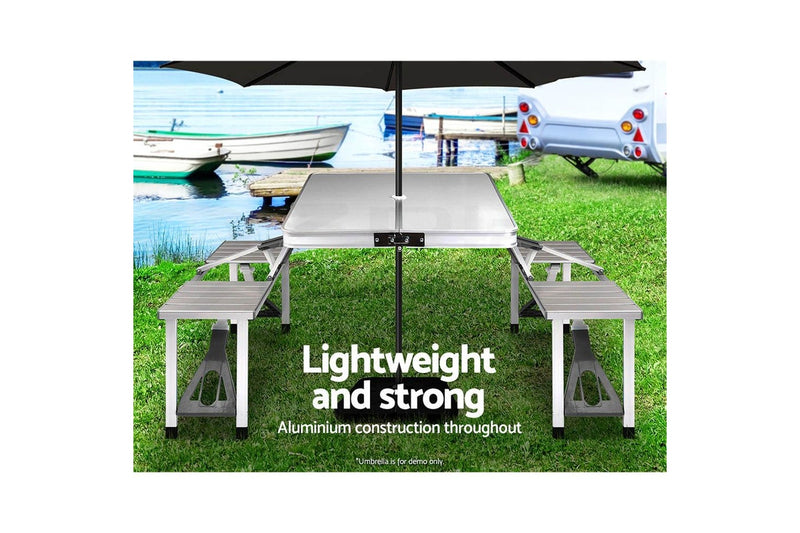 Weisshorn Folding Camping Table Outdoor Picnic BBQ With 2 Bench Chairs Set