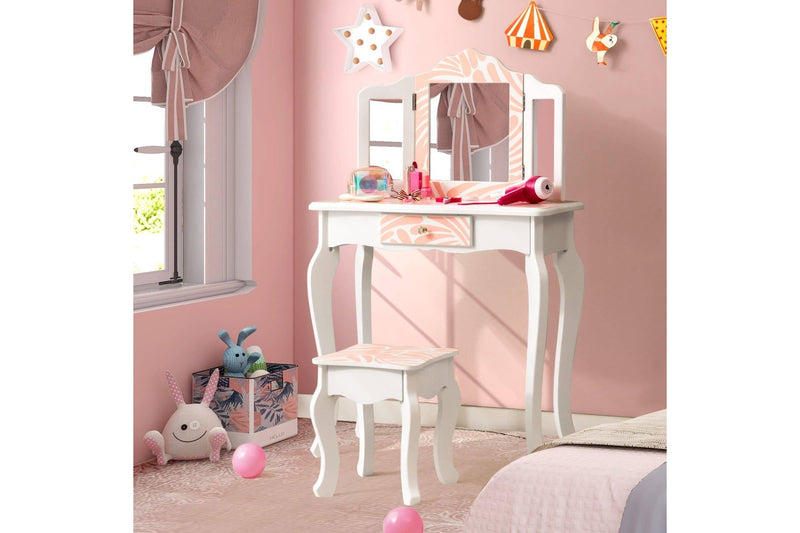 Costway 2 in 1 Dressing Table Chair Set Vanity Desk Mirror Makeup Desk Princess ren Pink