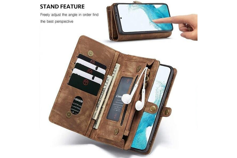 CaseMe For Samsung Galaxy S22 Zipper & Detachable Retro Leather Pouch Wallet Flip Purse Bag Detachable Phone Case Cover (Brown)