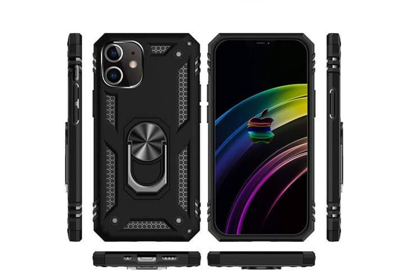 For Apple iPhone 12 Mini Case, Military Grade 360 Degree Rotating Metal Magnetic Ring Car Mount Holder Kickstand Shockproof Heavy Duty Cover (Black)