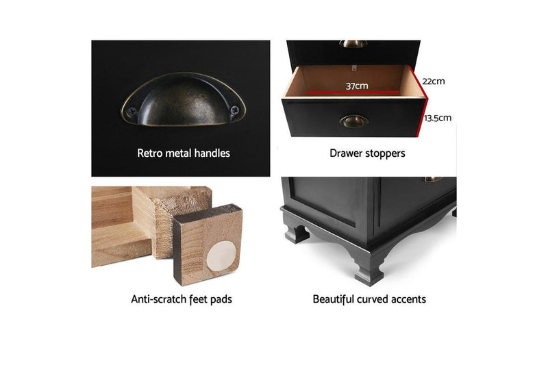 Artiss Bedside Table 3 Drawers Vintage - THYME Black