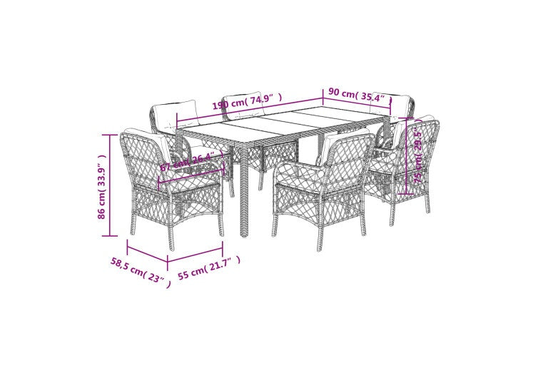 7 Piece Garden Dining Set with Cushions Grey Poly Rattan vidaXL