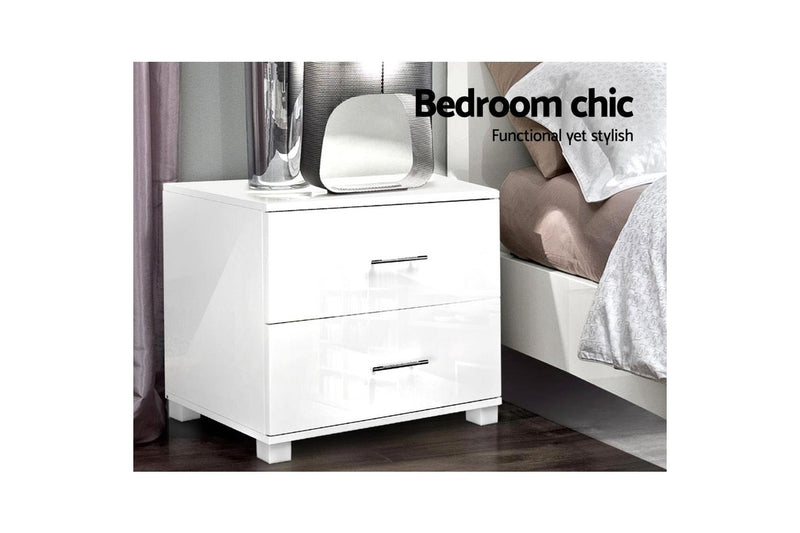 Artiss Bedside Table 2 Drawers High Gloss - White