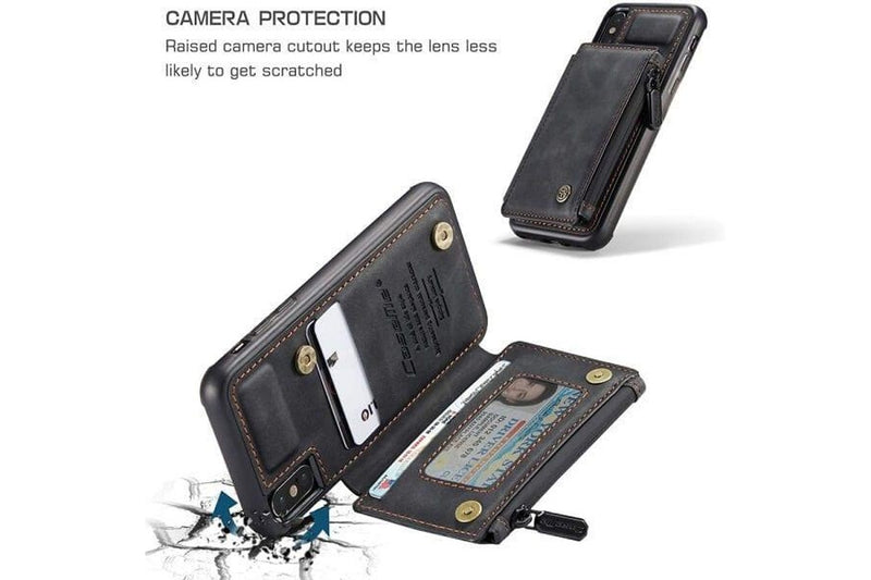 For Apple iPhone X / XS CaseMe Back Zipper Wallet Case W/ 3 Card Slots, RFID Blocking, 1 Money Pocket, Credit Card Holder Leather Cover (Black)