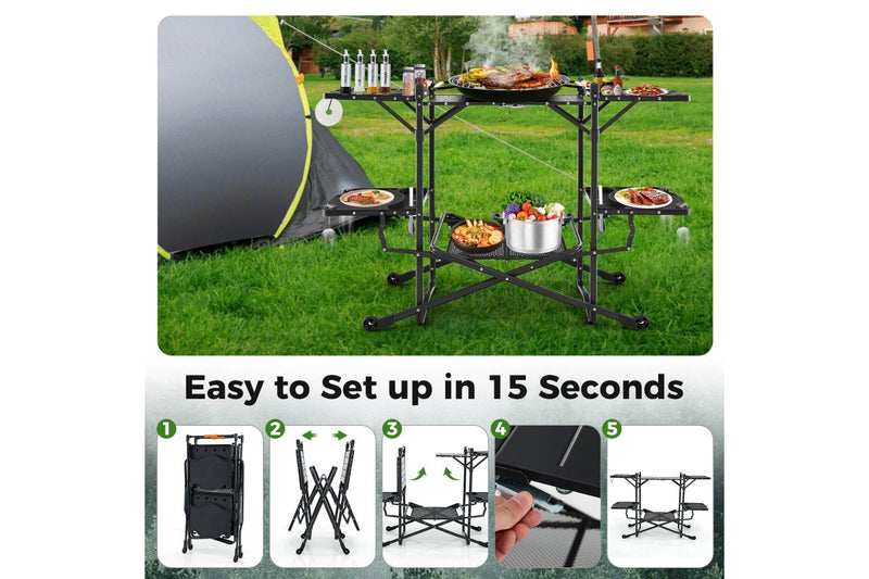 Costway Camping Kitchen Table Outdoor Cook Station Aluminum w/Heat-Resistant Tabletop, 4 Side Tables