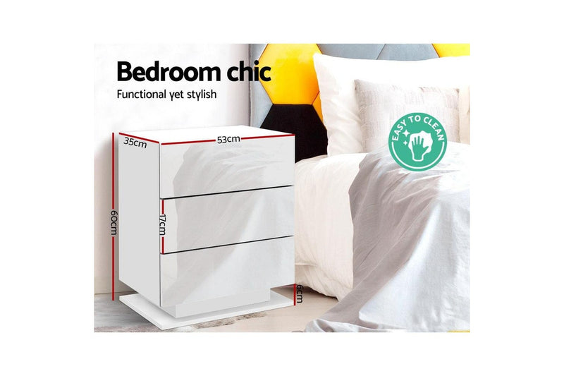 Artiss Bedside Table LED 3 Drawers - MORI White