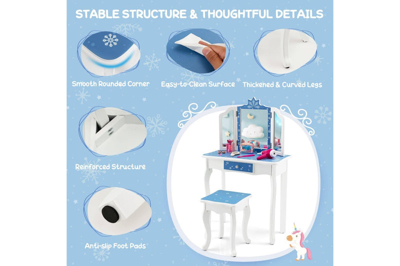 Costway Dressing Table Vanity Table & Stool Set Princess ren Gift Furniture Blue