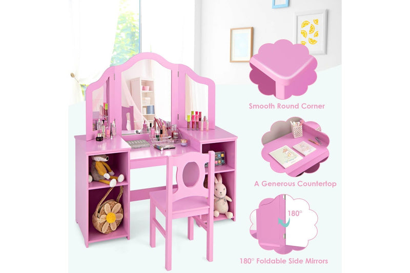 Giantex 2-in-1 Kids Vanity Table and Chair Set Makeup Dressing Table w/Mirror Children Study Writing Desk Pink