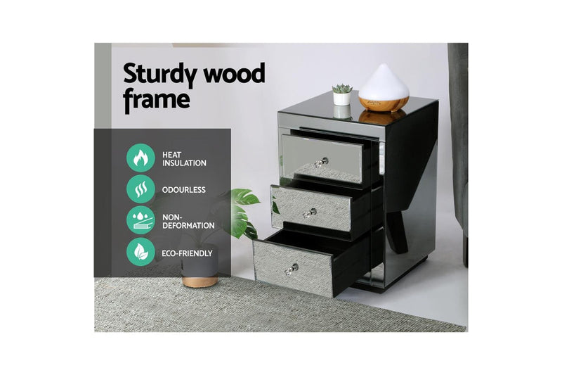 Artiss Bedside Table 3 Drawers Mirrored - PRESIA Grey