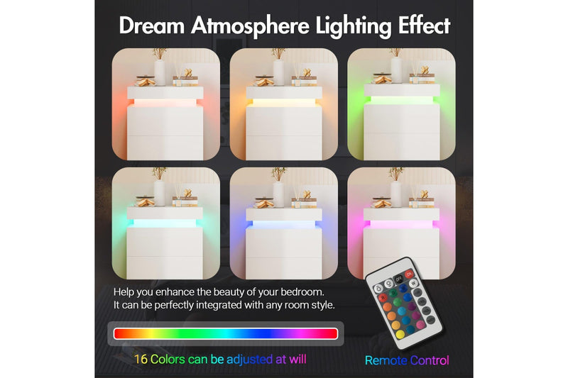 Advwin Set of 2 Bedside Table LED RGB 2 Drawers With Lift Up Storage Nightstand White