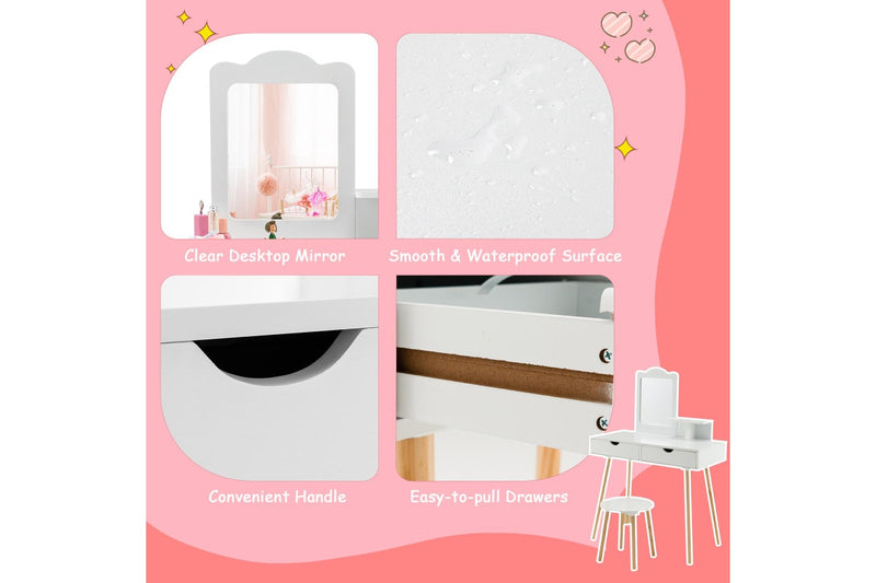 Giantex 2-in-1 Kids Vanity Table & Stool Set Makeup Dressing Table Princess Pretend Playset w/Removable Mirror & Drawer White