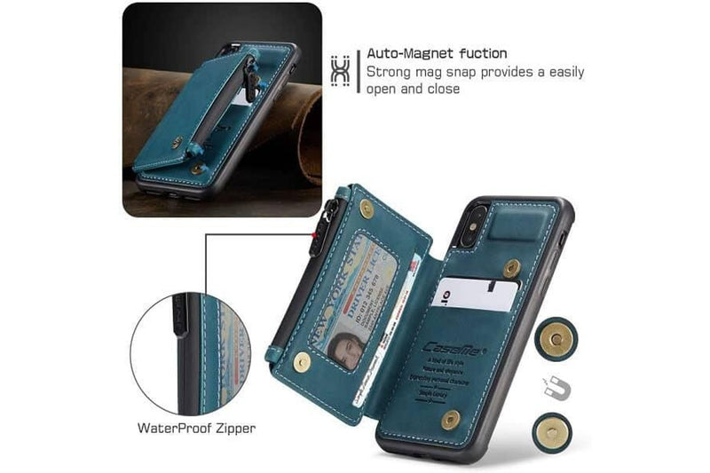 For Apple iPhone X / XS CaseMe Back Zipper Wallet Case W/ 3 Card Slots, RFID Blocking, 1 Money Pocket, Credit Card Holder Leather Cover (Teal Blue)