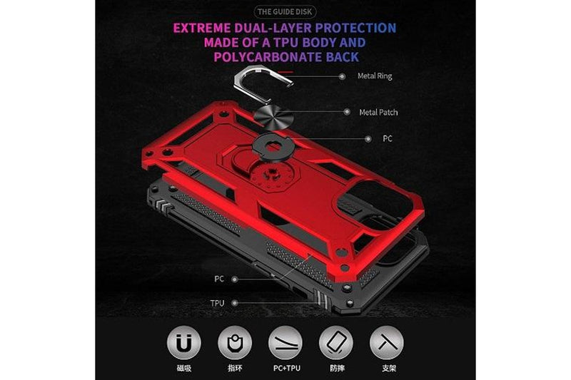 For Apple iPhone 12 Pro Case, Military Grade 360 Degree Rotating Metal Magnetic Ring Car Mount Holder Kickstand Shockproof Heavy Duty Cover (Red)