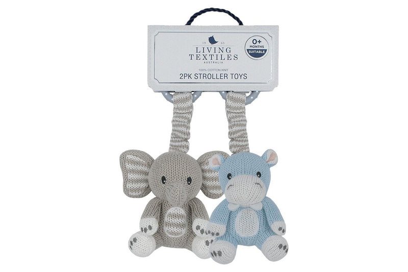 2pc Living Textiles Baby Newborn Cotton Knitted Stroller Toys Elephant & Hippo