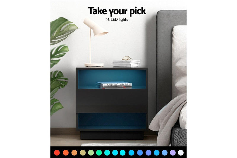 Artiss Side Rgb Led Drawers Nightstand High Gloss Black Bedside Tables