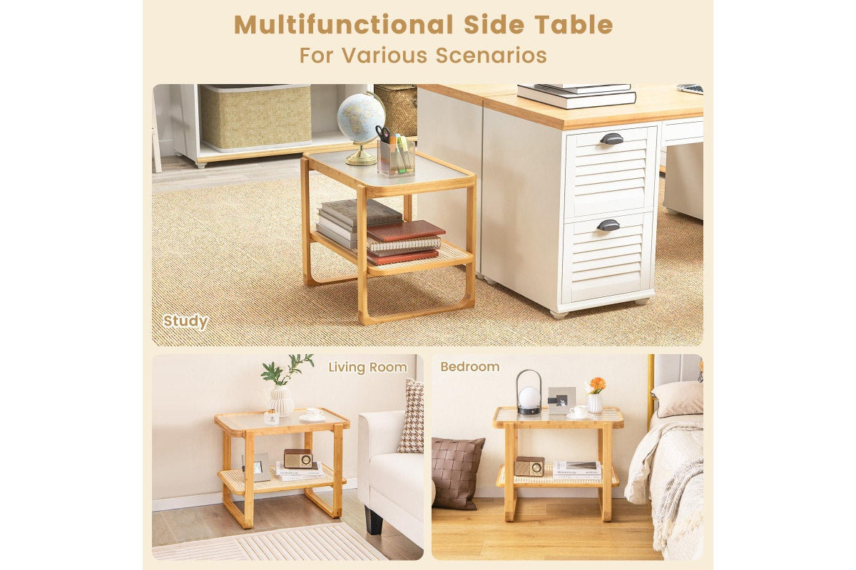 Giantex 2-Tier Bamboo Bedside Table Compact End Table Sofa Side Table w/Glass Tabletop & Rattan Shelf, Natural