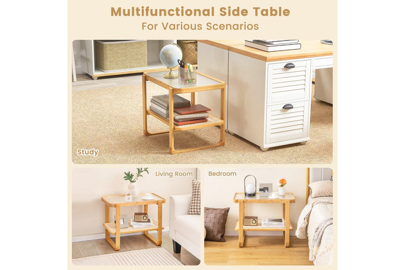 Giantex 2-Tier Bamboo Bedside Table Compact End Table Sofa Side Table w/Glass Tabletop & Rattan Shelf, Natural