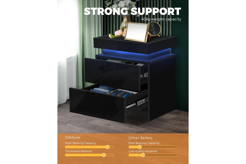 Oikiture Bedside Table RGB LED 2 Drawers Black