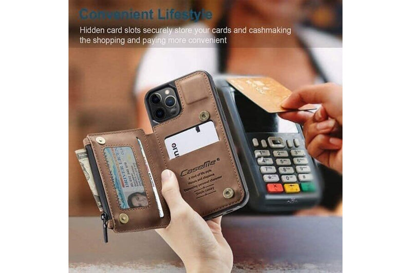 For Apple iPhone 13 Pro Max CaseMe Back Zipper Wallet Case W/ 3 Card Slots, RFID Blocking, 1 Money Pocket, Credit Card Holder Leather Cover (Brown)