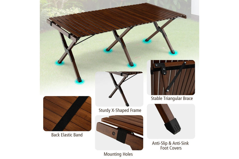 Costway Portable Egg Roll Camping Table Folding Bamboo Picnic Table Camping table Outdoor w/Carry Bag Brown