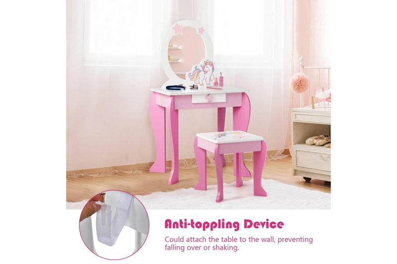 Costway Wooden Vanity Table Set Vanity Princess Makeup Dressing Table Set w/Mirror Pink