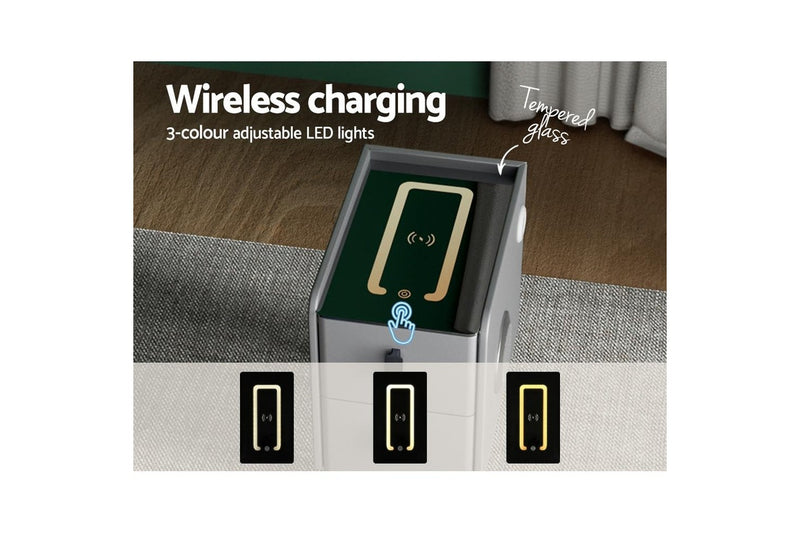Artiss Smart Bedside Table 2 Drawers with Wireless Charging LED Lights Grey