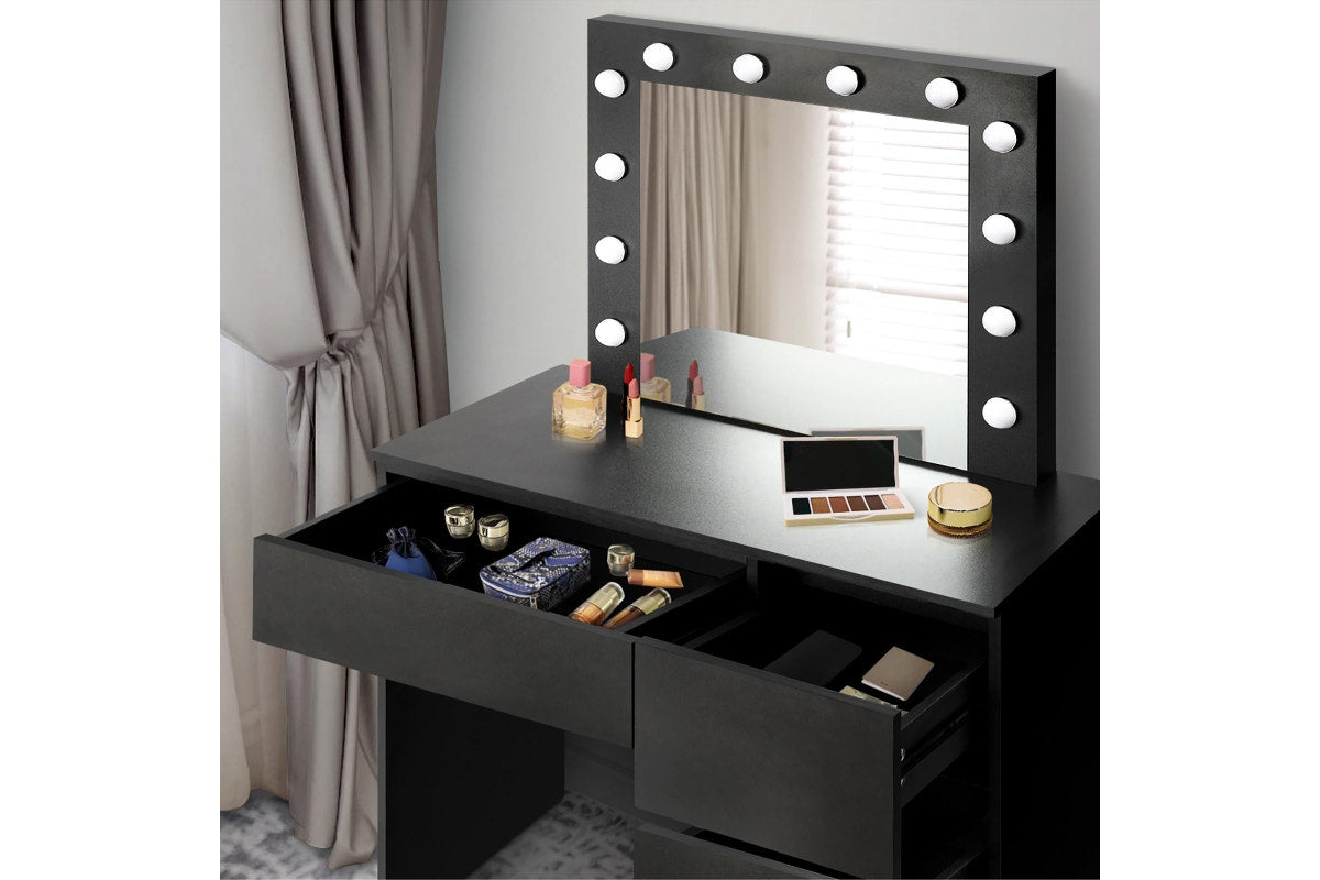 Oikiture Dressing Table Stool Set 12 LED Bulbs(Black)
