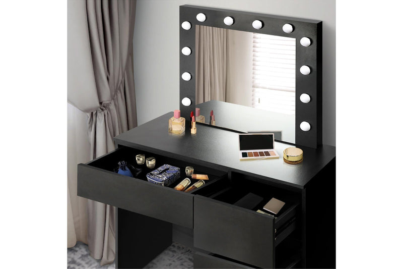 Oikiture Dressing Table Stool Set 12 LED Bulbs(Black)