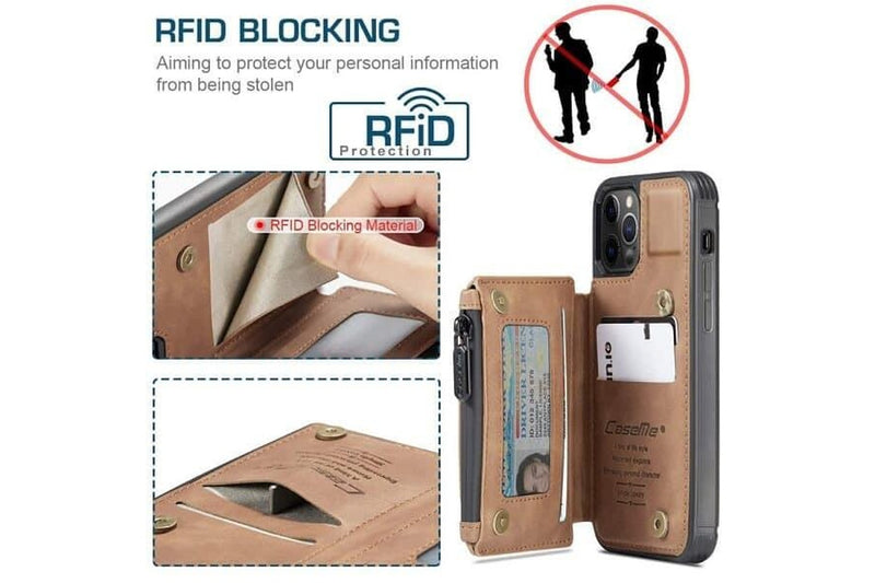 For Apple iPhone 11 pro Max CaseMe Back Zipper Wallet Case W/ 3 Card Slots, RFID Blocking, 1 Money Pocket, Credit Card Holder Leather Cover (Brown)