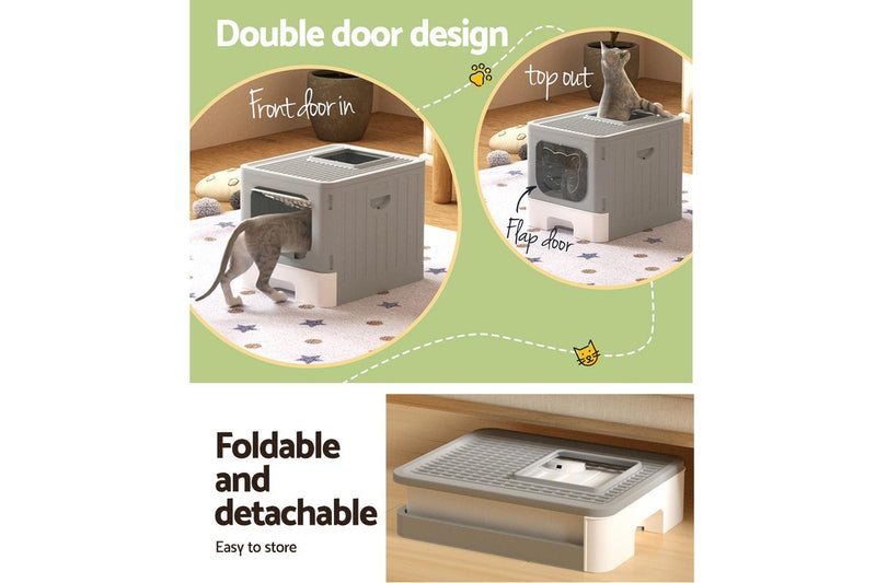 i.Pet Cat Litter Box Large Tray Kitty Toilet Enclosed Hooded Foldable Scoop Grey