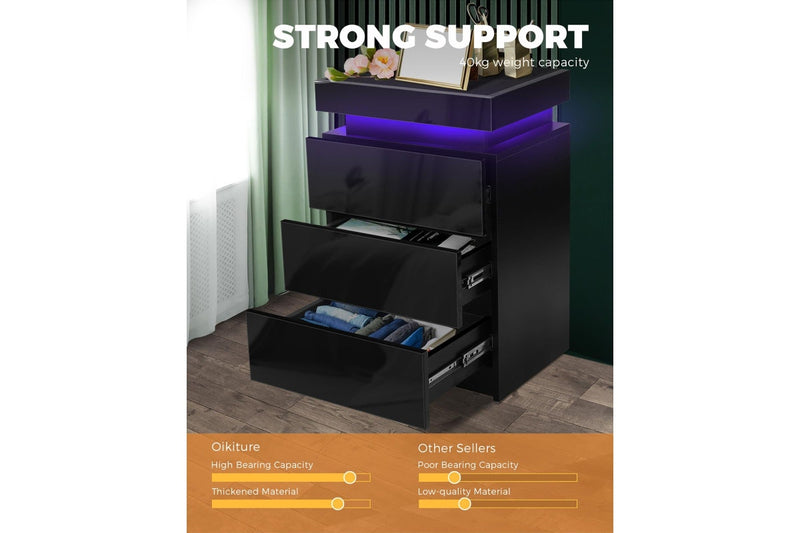 Oikiture Bedside Table 3 Drawers RGB LED Black