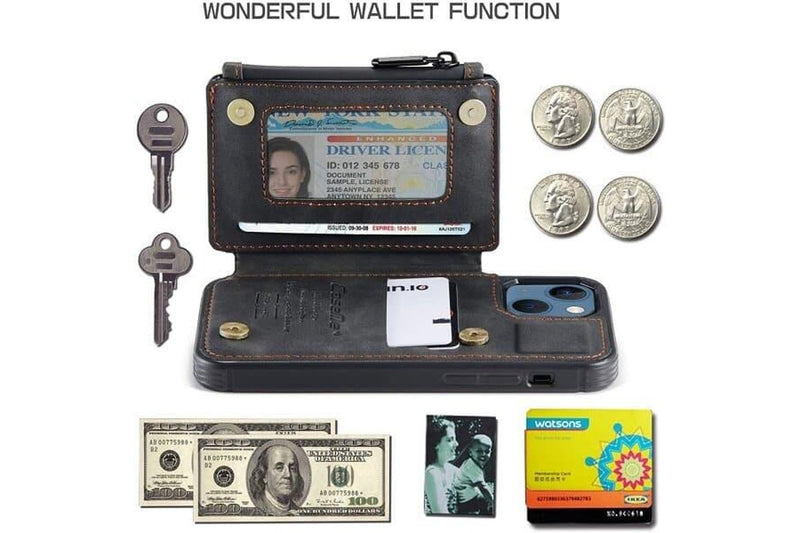 For Apple iPhone 13 Mini CaseMe Back Zipper Wallet Case W/ 3 Card Slots, RFID Blocking, 1 Money Pocket, Credit Card Holder Leather Cover (Black)