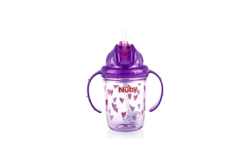 2x Nuby Tritan Weighted Sipping Straw Flip It Drinking Cup 240ml 12m+ Assorted