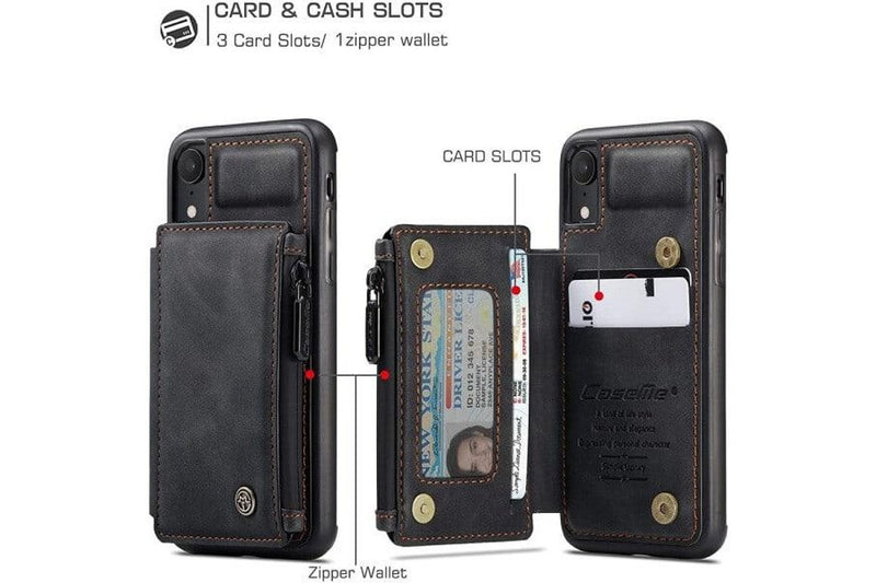 For Apple iPhone XR CaseMe Back Zipper Wallet Case W/ 3 Card Slots, RFID Blocking, 1 Money Pocket, Credit Card Holder Leather Cover (Black)