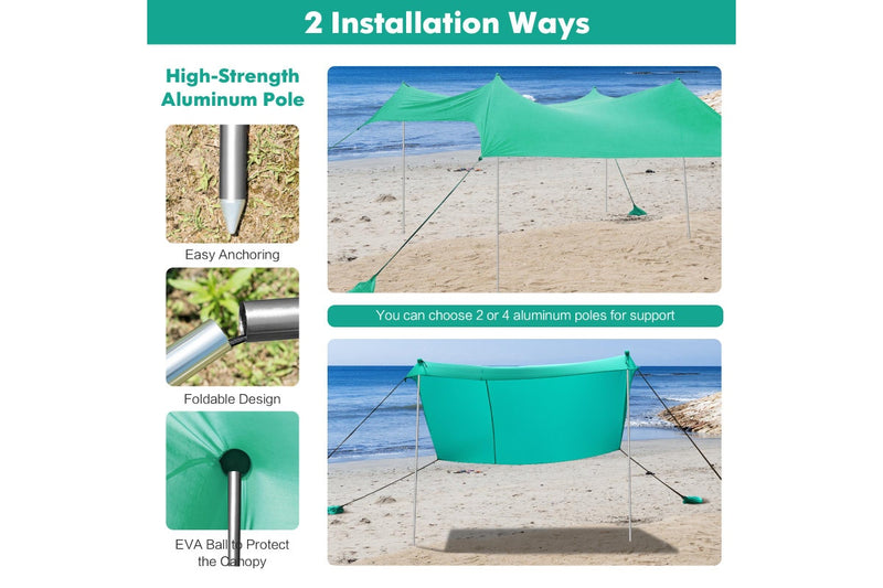 Costway Beach Sunshade Canopy UPF50+ Family Shelter Shade 3-4 Adults w/4 Poles Sandbags Peg Stakes Turquoise