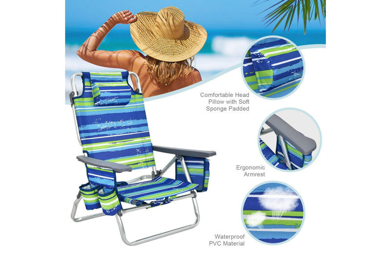 Costway 2 X Folding Reclining Beach Chairs Outdoor Camping Arm Chairs Fishing Panic w/ 5-Position Backrest & Head Pillow