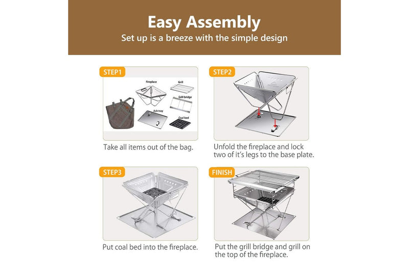 CAMPINGMOON Stove Fire Pit BBQ Grill Adjustable Camping Stainless Steel Medium MT-035