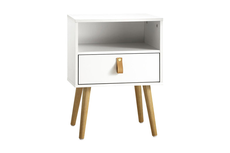 Oikiture Bedside Table Drawer Side Table w/ Leather Handle White