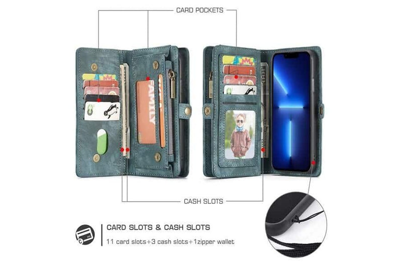 CaseMe For Apple iPhone 13 Pro Zipper & Detachable Retro Leather Pouch Wallet Flip Purse Bag Detachable Phone Case Cover (Sky Blue)