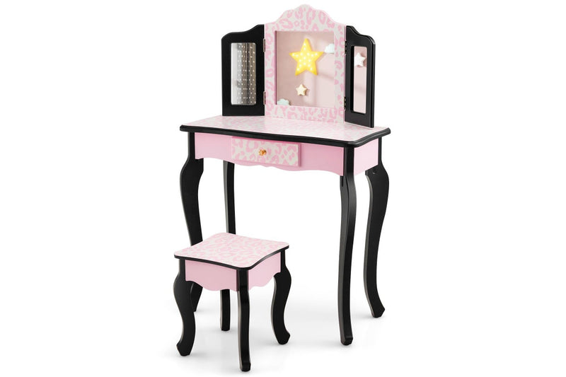 Costway Bedroom Dresser Vanity Table Stool Set w/ Tri-Folding Mirror Bedroom Furniture Pink
