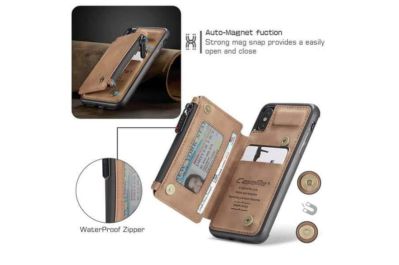For Apple iPhone X / XS CaseMe Back Zipper Wallet Case W/ 3 Card Slots, RFID Blocking, 1 Money Pocket, Credit Card Holder Leather Cover (Brown)