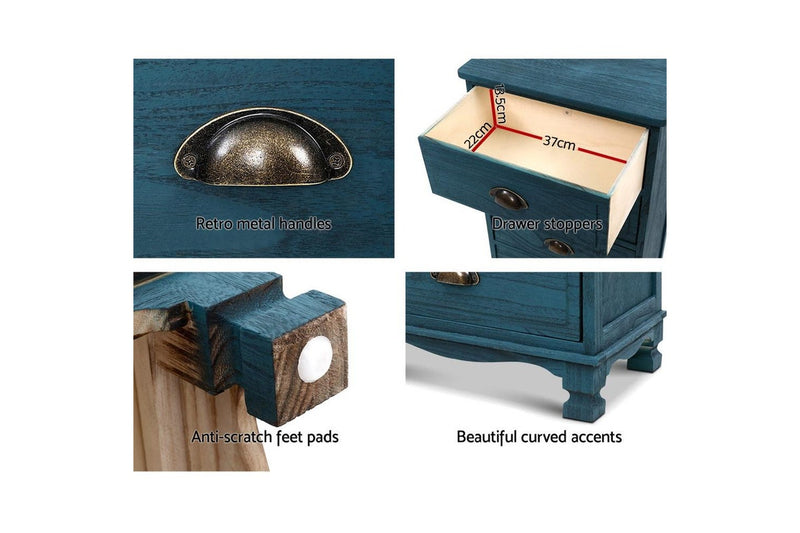 Artiss Bedside Table 3 Drawers Vintage - THYME Blue