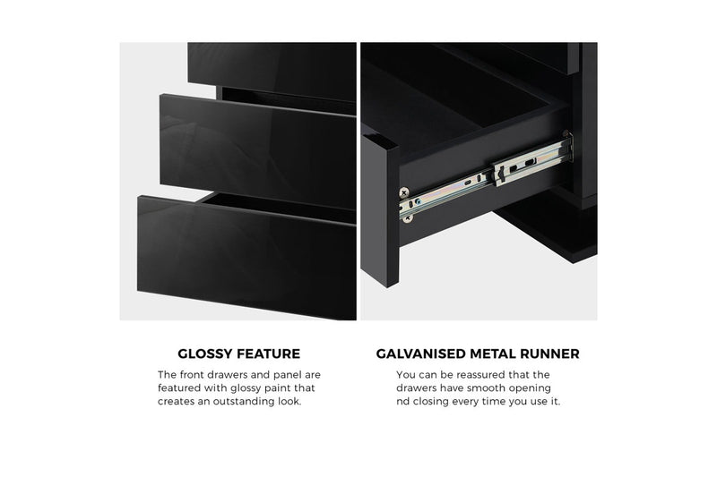 Oikiture LED Bedside Table 3 Drawers Black