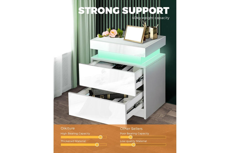Oikiture Bedside Table RGB LED 2 Drawers White