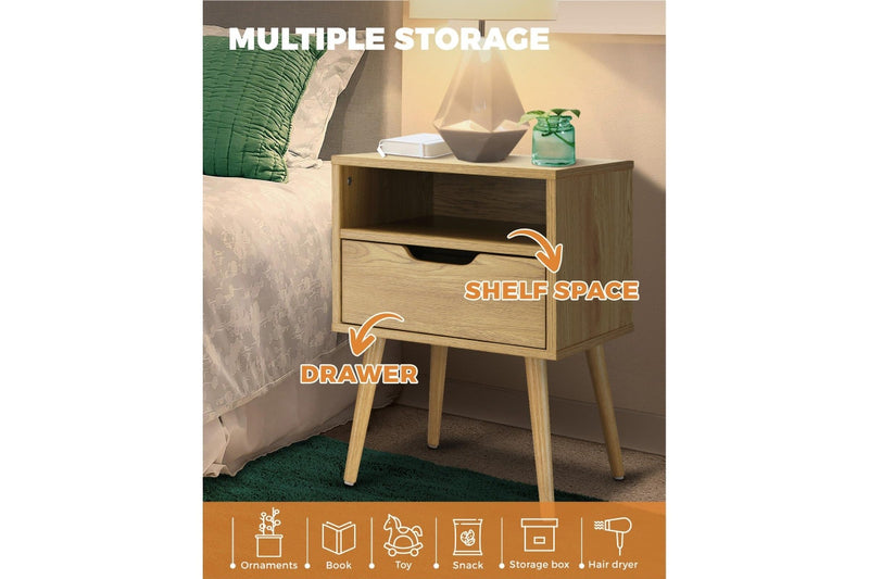 Oikiture Drawer Bedside Table Wood