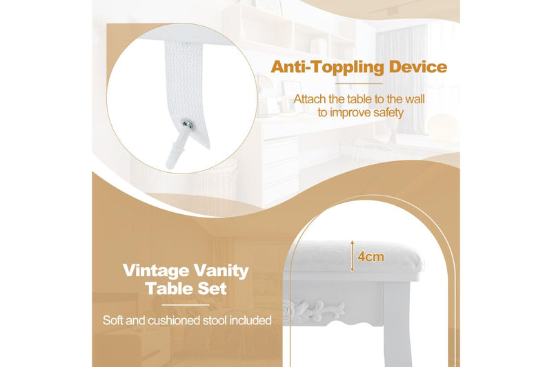 Costway Dressing Table Vanity Stool Set Makeup Table Dresser Jewellery Cabinet Mirror 4 Drawers Xmas Gift, White