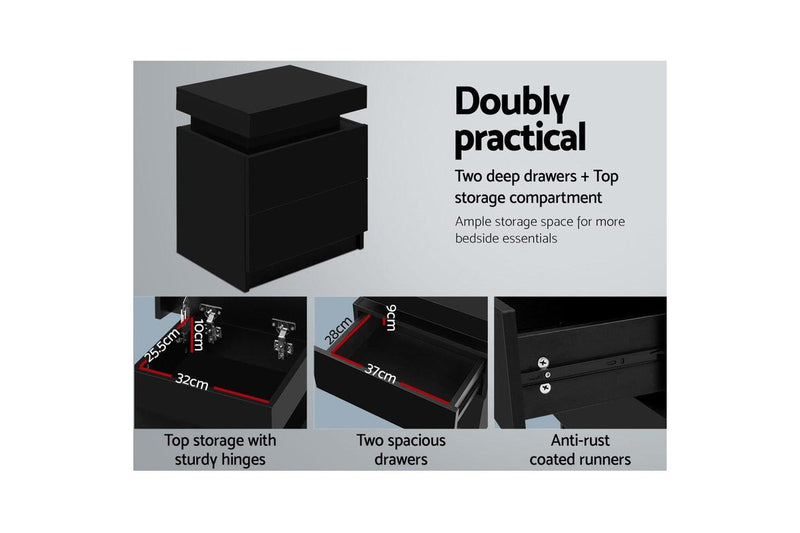 Artiss Bedside Table 2 Drawers Lift-up Storage - COLEY Black