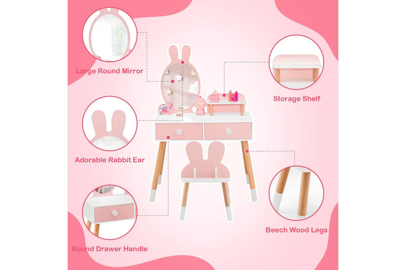 Costway 2 in 1 Dressing Table Vanity Table Set w/ Stool&Mirror Pink