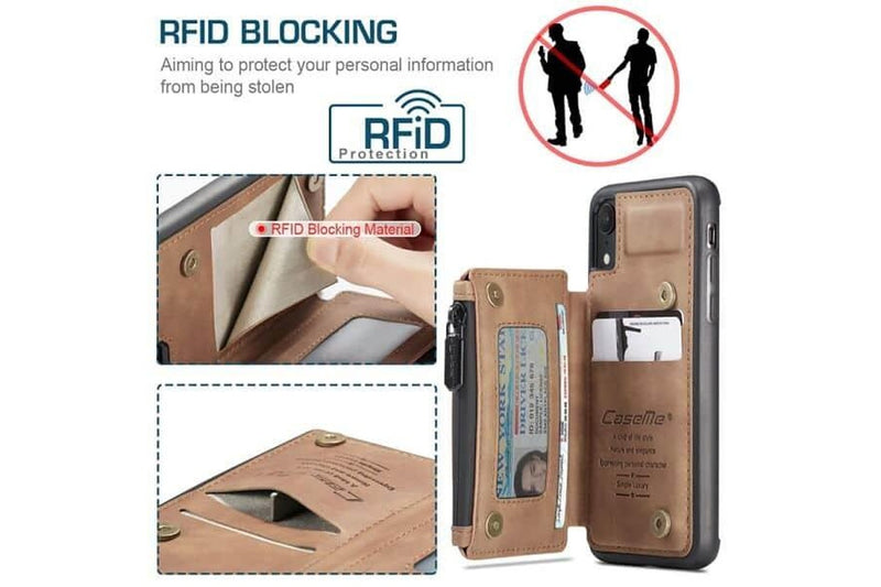 For Apple iPhone XR CaseMe Back Zipper Wallet Case W/ 3 Card Slots, RFID Blocking, 1 Money Pocket, Credit Card Holder Leather Cover (Brown)