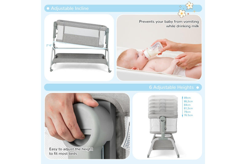 Costway 4in1 Cot Bed Mobile Bedside Sleeper Portacot Cradle w/Net & Storage Basket, Grey